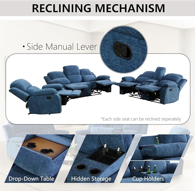 Upholstered Manual Recliner Modern Fabric Reclining Chair Single Reclining Sofa Chair with Comfortable Armrest and Backrest Recliner Furniture for Living Room/Meeting Room/RV Car Blue