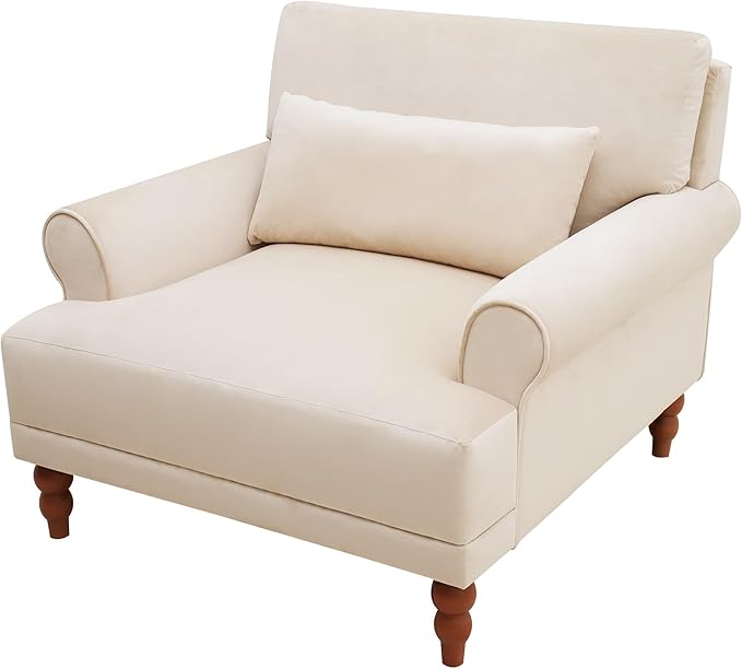 Beige Velvet Accent Arm Chair with Solid Wood Legs | Ergonomic Lumbar Support Cozy French Country Chic Large Lounge Chair for Living Room Bedroom Study