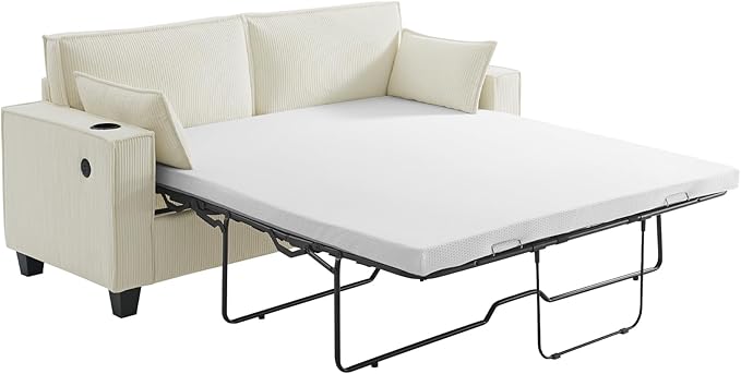 2-in-1 Pull Out Sofa Bed 88 Queen Size Sleeper Sofa Corduroy Convertible Loveseat Sleeper for Living Room Guest Room Apartment Home Office (Beige)