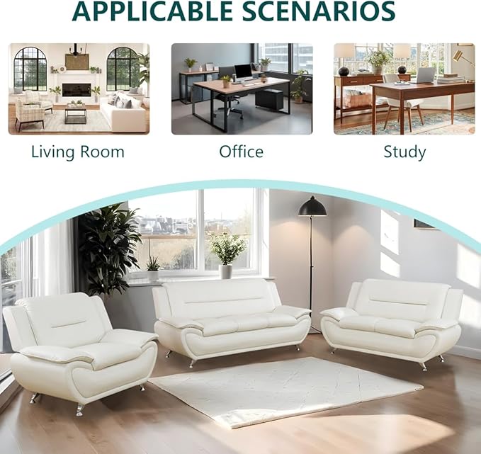 Leather Sectional Sofa Couch Set Living Room Furniture Sets Modern Faux Leather Sofa Couches with Metal Feet Easy Clean 2 Loveseat &amp 1 Chair for Home/Office/Club/Hotel 2+2+1 Cream White