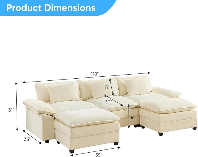 Mjkone 118” U Shape Sectional Couch with Movable Ottoman Oversized Modular Comfy Cloud Sofa with Double Layer Cushion 5 Seater Deeper Seat Couches for Living Room/Home Office/Apartment-Beige