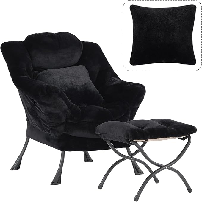 Lazy Chair with Ottoman Large Black Accent Chair with Ottoman and FA Throw Pillow Comfy Plush Reading Chair for Living Room Bedroom Dorm Room Office Apartment Relaxing Use
