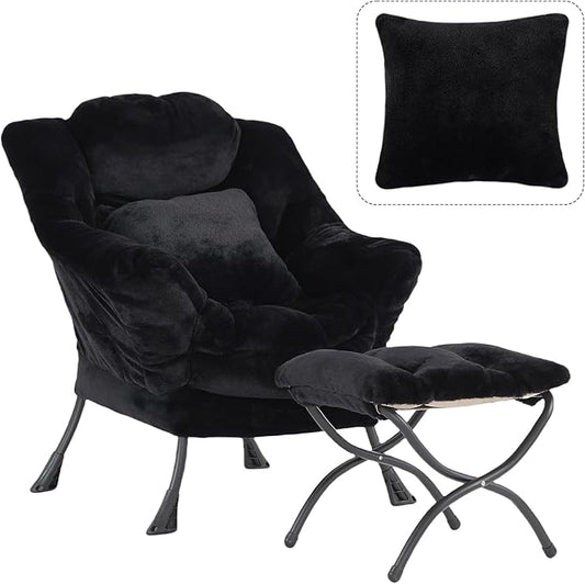Lazy Chair with Ottoman Large Black Accent Chair with Ottoman and FA Throw Pillow Comfy Plush Reading Chair for Living Room Bedroom Dorm Room Office Apartment Relaxing Use
