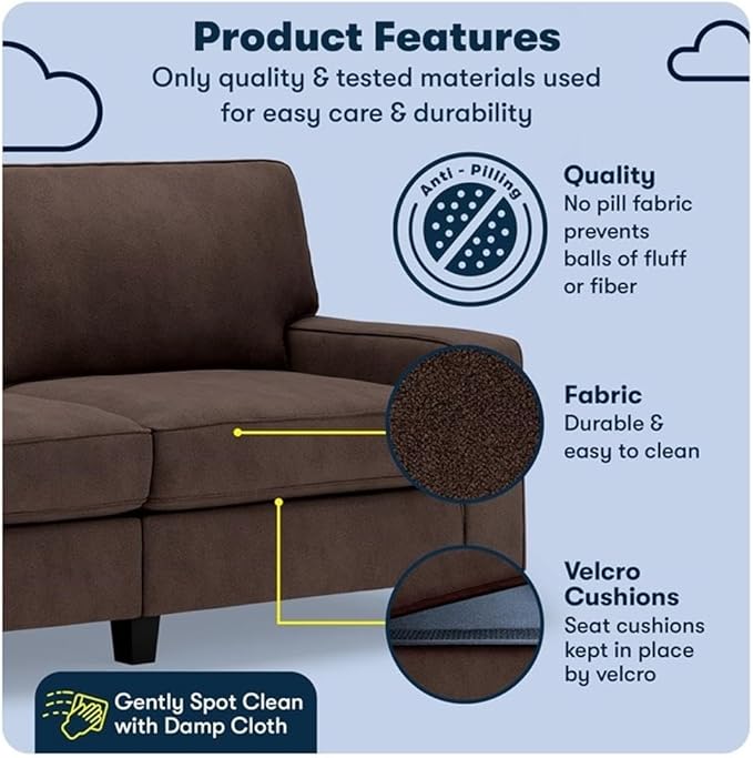 Pemberly Row 73 Track Arm Sofa Removable Covers Dark Brown Polyester Upholstery Compact Design Solid Wood Frame Modern Style Comfortable Seating Ideal for Apartment Living Room Home Office