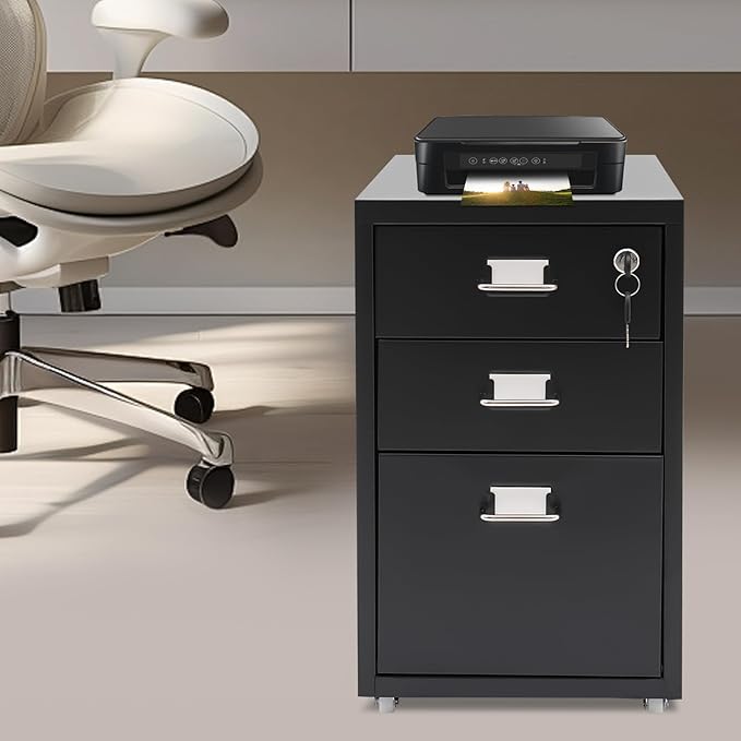 Locking 3-Drawer Vertical File Cabinet on Wheels Mobile Steel Storage Organizer with Keys for Home Office Study (Black)