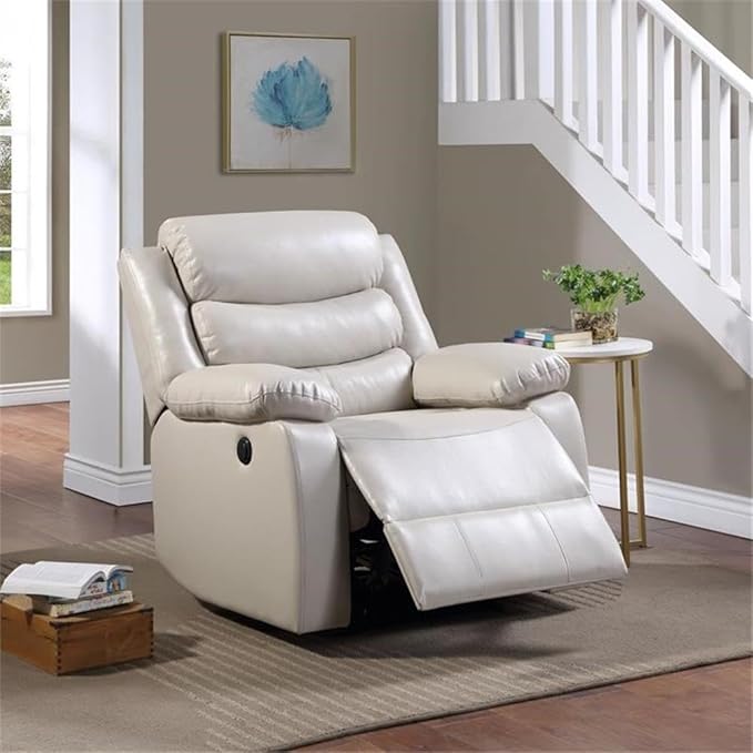 BOWERY HILL Power Recliner Faux Leather Upholstered Beige Finish 39 W x 38 D x 41 H Pillow Top Armrests Pocket Coil Spring Seating Adjustable Seat Comfortable Living Room Chair