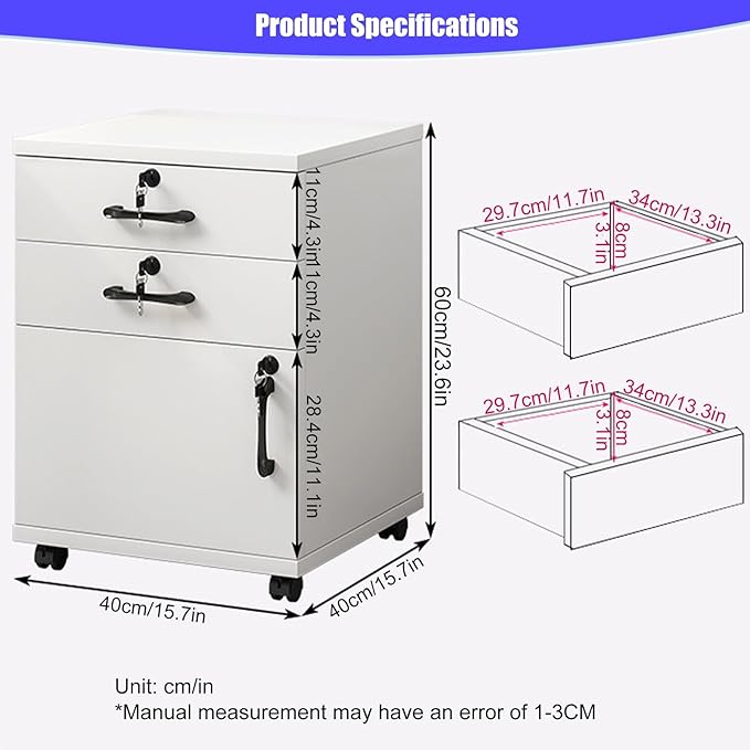 File Cabinet with Lock and Drawer 2-Drawer Vertical Filing Cabinet with Doors Mobile Under Desk Storage Cabinet with 360° Swivel Wheels for Legal/Letter/A4 Documents(Black)