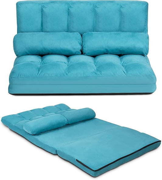 COSTWAY Floor Sofa Couch with 2 Pillows Foldable 6-Position Adjustable Lazy Sofa Bed Sleeper with Metal Frame Soft Suede Fabric Gaming Playing Lounge Recliner for Adults (Blue)