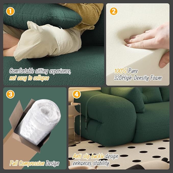 79 Modern Green Teddy Convertible Futon Couch Sofa Bed 3 in 1 Pull Out Memory Sleeper Cloud Sofas Double Full Size Boneless Love Seat Beds for Living Room Dorm ApartmentBedroom (Green)