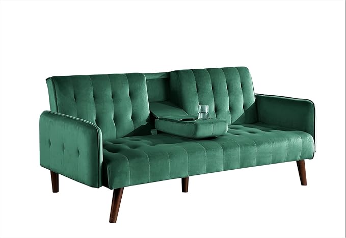 Leno 72 Sleeper Sofa Bed - Convertible Folding Backrest to Full Bed with Cup Holder &amp Drop-Down Table - Space Saving Linen Sofa for Small Spaces - Easy Assembly Green