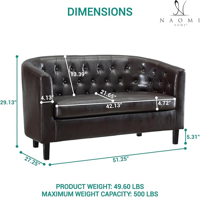 Emma Modern Loveseat Sofa – Faux Leather Love Seat Couch with Plush Cushions Solid Wood Frame Button-Tufted Design Stain-Proof Upholstery Small Loveseat for Bedroom Office &amp Small Spaces