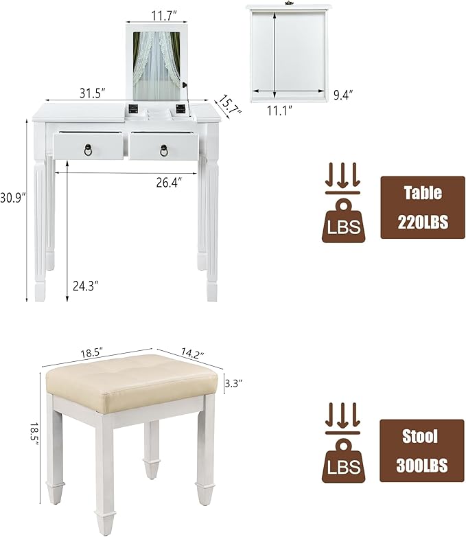 White Makeup Vanity Desk Set with Flip Top Mirror 31.5 Small Vanity Desk with Mirror Dressing Table with 2 Drawers &amp 7 Compartments Makeup Table with Hidden Cushioned Stool for Bedroom Small S