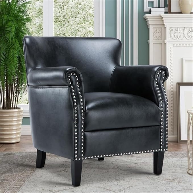 Pemberly Row Contemporary Accent Chair Charcoal Faux Leather Upholstery Sturdy Wood Frame Nailhead Trim Solid Wood Legs No Assembly Required Living Room or Office Club Chair