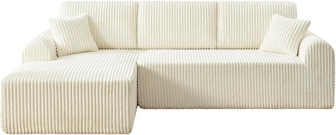 109-Inch L-Shaped Left Facing Boneless Corner Sofa 2 PCS Modular Sectional Cloud Sofa Couch with Chaise Lounge and Toss Pillow Corduroy Boneless L-Shaped Couches