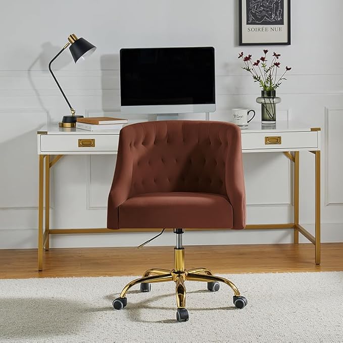 Velvet Office Chair with Gold Base Modern Cute Desk Chair Comfortable Adjustable Swivel Task Chair for Home Office Living Room Bedroom Vanity Study Burn Brick
