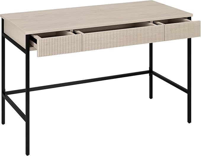 Henn&ampHart 48 Fluted Mid-Century Modern Rectangular Wooden Home Office Desk Computer Desk Writing Table with 3 Ribbed Storage Drawers for Bedroom Living Room or Home Office Beech White