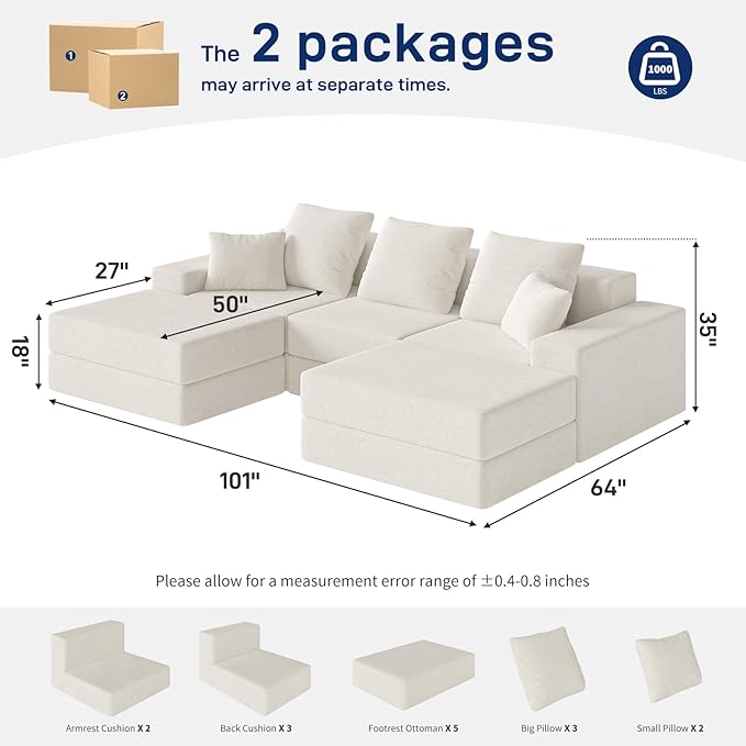 Living&ampGiving 101 U-Shaped Cloud Sectional Couch for Living Room Cloud Boneless Couch-No Assembly with Reversible Chaise Customizable 3-Seat Modular Sectional Sofa with 2 Ottoman Beige