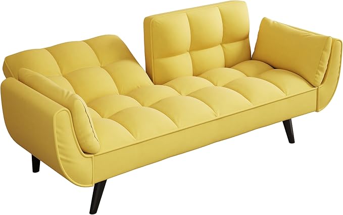 Olela Futon Sofa Bed Convertible Sleeper Couch 74 W Modern Velvet Loveseat with Adjustable Backrests and Solid Wood Legs for Living Room Bedroom Small Space (Yellow)