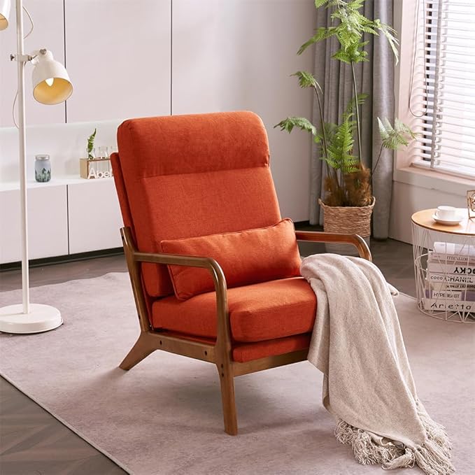 Accent Chair Modern Linen Upholstered Armchair Lounge Chair with Solid Wood Frame and 1 Pillow Comfy Single Sofa Chair Leisure Reading Chair with High Back &amp Armrest for Living Room Bedroom Ora