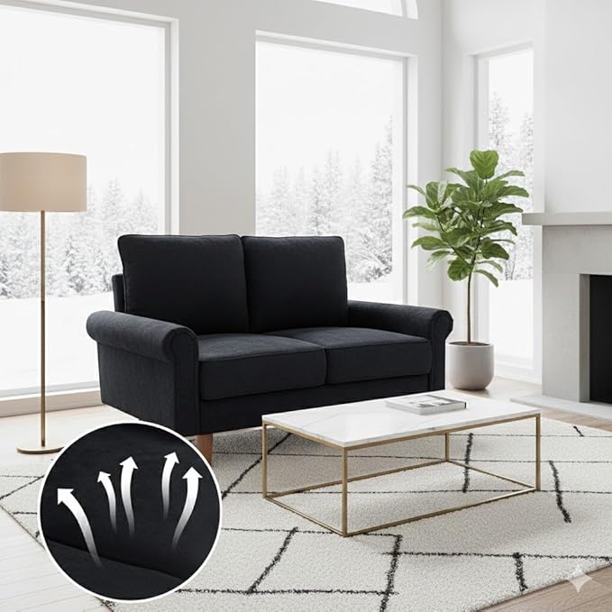57-Inch Modern Velvet Loveseat Sofa with Rolled Armrests Removable Cushions Solid Wood Legs Comfy Two-Seater Sleeper Couch Easy Assembly for Living Room Bedroom Office Black (Black 2 Seater)