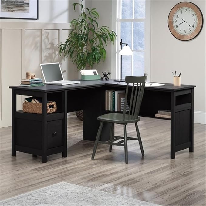 Pemberly Row L-Shaped Engineered Wood Computer Desk Raven Oak Finish 59 in Width File Drawer Cord Management Lower Shelf Finished Sides Home Office Desk for Organization and Storage