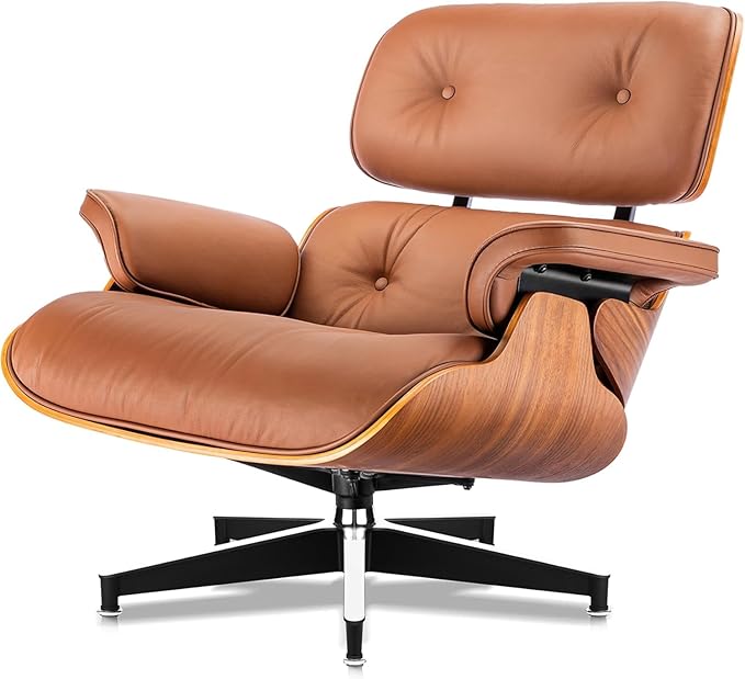 Mid Century Chaise Lounge Chair and Ottoman Reading Chair Leather Accent Chair Modern Chair Classic Design Heavy Duty Base Support for Living Room (Walnut-Brown Upgraded)
