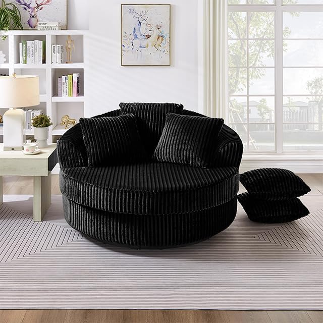 360° Swivel Accent Barrel Chair Corduroy Comfy Round Swivel Chair with Mental Base &amp Pillows Modern Lounge Reading Armchair Upholstered Plush Sofa Chairs for Living Room Bedroom Apartment(Bla