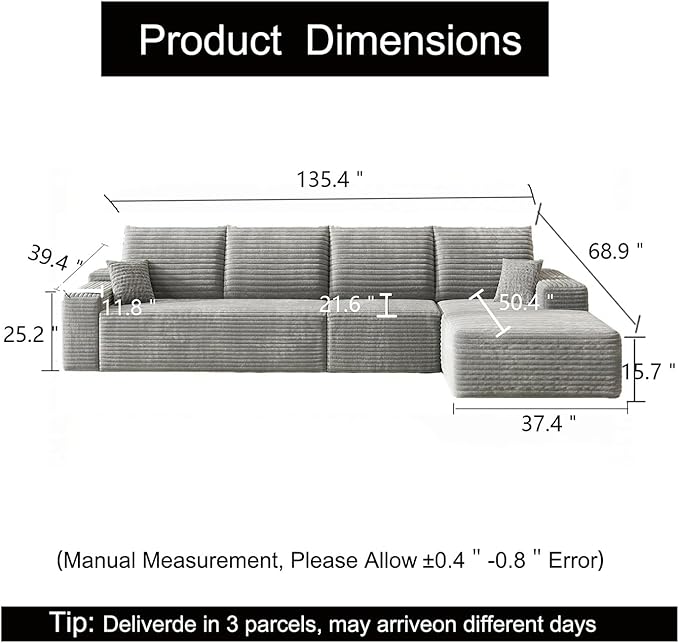 135.4 L-Shaped Sectional Corduroy Boneless Couch with Chaise Modern Modular Couches for Living Room Apartments Upholstered Cloud Sofa with Deep Seat No Assembly Required (Grey)
