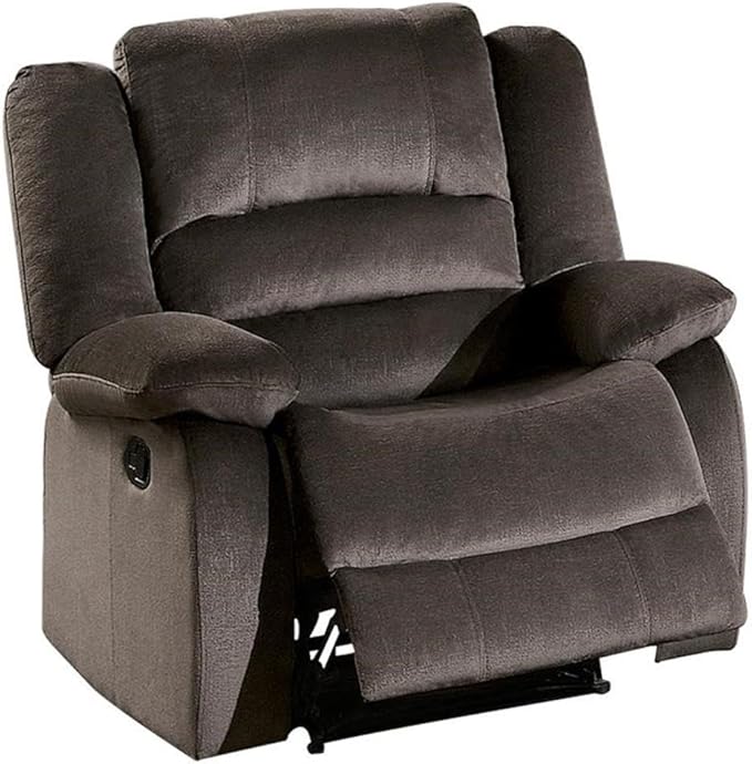 Pemberly Row Transitional Reclining Chair Microfiber Upholstery Chocolate Finish Solid Wood Frame High-Density Foam Padding Manual Tab Pull Recline Plush Living Room Seating 39.5 in H x 37.5