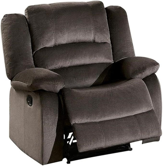 Pemberly Row Transitional Reclining Chair Microfiber Upholstery Chocolate Finish Solid Wood Frame High-Density Foam Padding Manual Tab Pull Recline Plush Living Room Seating 39.5 in H x 37.5