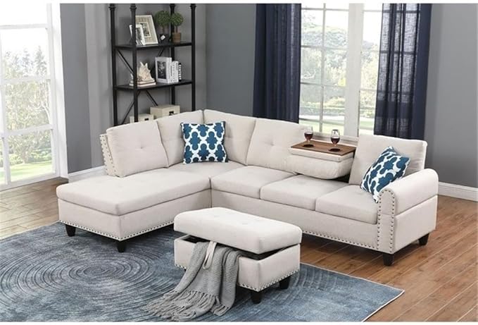 Devion Furniture Polyester Fabric Sectional Sofa with Lift-top Storage Ottoman Tufted Design in Beige Finish