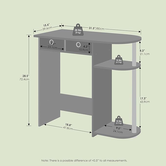 Ipoh Home Computer Desk 32 Inch Writing Desk Study Desk with Side Shelves and Bin Storage for Home Office Study Room Black/Grey