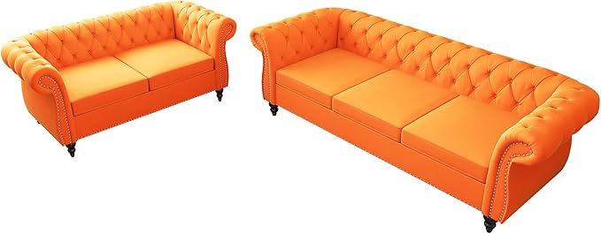 AVZEAR 2-Piece Living Room Sectional Sofa Set Upholstered Sofa Modern Sofa Couches Set Style Button Tufted Velvet Chesterfield Sofa for Living Room Apartment 2+3 Seat Orange