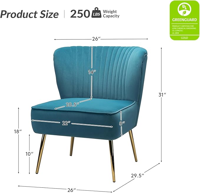 HULALA Home Velvet Accent Chair Set of 2 Modern Armless Upholstered Side Chair with Glam Gold Metal Legs for Vanity Living Room Bedroom - Blue