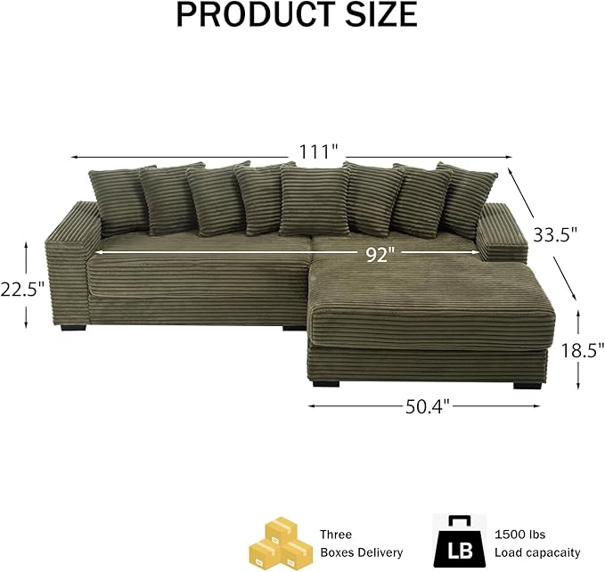 111 Inch Corduroy Sectional Couches for Living Room | L-Shaped Sectional Couch with 8 Pillows | Cloud Couch with Deep Seat | Solid Wood Frame Sofa Green (Right Facing Chaise)