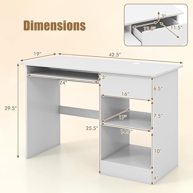 Computer Desk with Drawers Modern Office Desk with Keyboard Tray and Open Storage Shelf Study Table for Kids White Home Office Desks Small Desk for Bedroom Living Room Study (White)