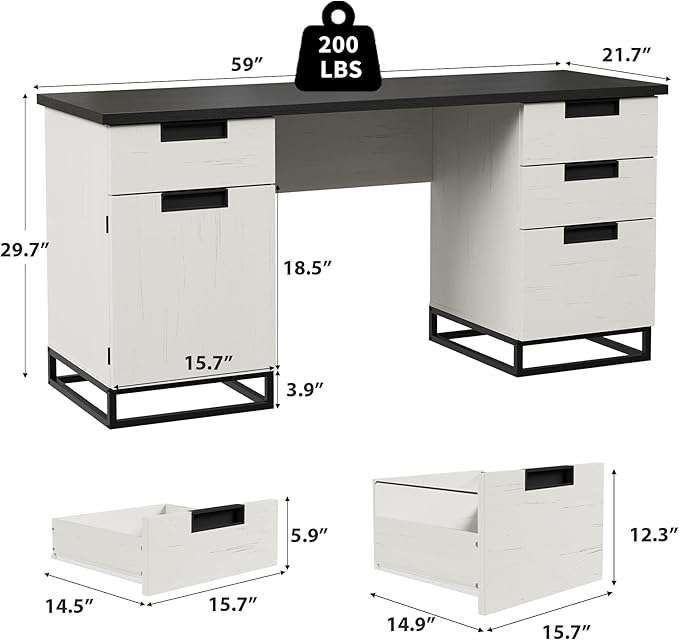GAOMON Farmhouse Executive Desk 59 Inch Computer Desk White Home Office Desks with File Drawer and Storage Cabinet Wood Writing Desks for Bedroom Home Office White+Black