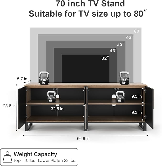 70 TV Stand with Power Outlet Black Large TV Stands for 75 Inch TV Entertainment Center TV Cabinet with Storage and Adjustable Shelf Live Edge TV Console Table for Bedroom Living Room
