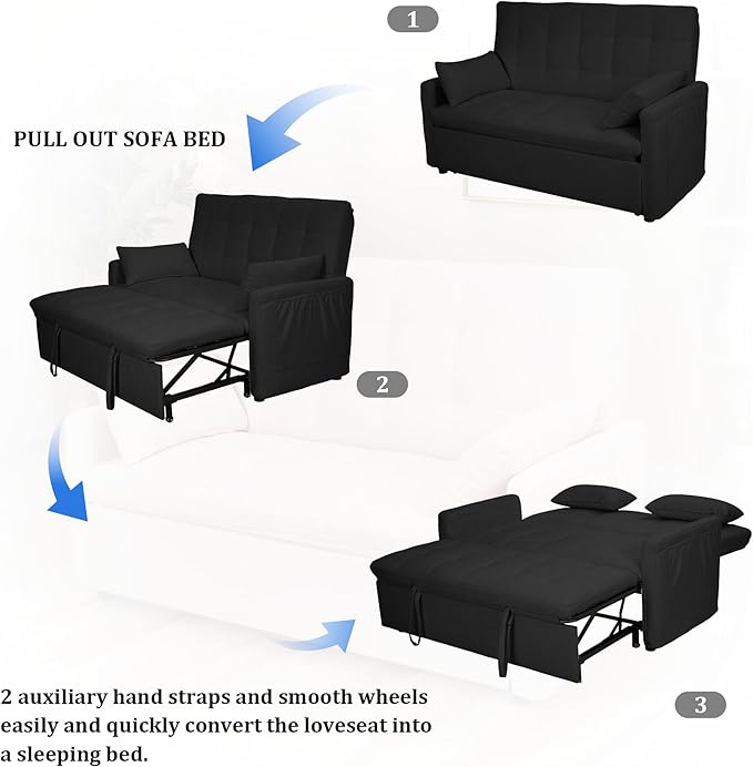 Oversized 3-in-1 Convertible Sleeper Sofa Bed Futon Couch with Pullout Bed 2-Seater Loveseat Sofa w/Pockets Adjustable Backrest and Pillows for Living Room Apartment (Black-Button Tufted)