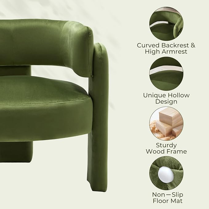 Barrel Accent Chair Mid Century Modern Upholstered Living Room Chairs with Wooden Legs Comfy Velvet Reading Arm Chair for Bedroom Makeup Room Green