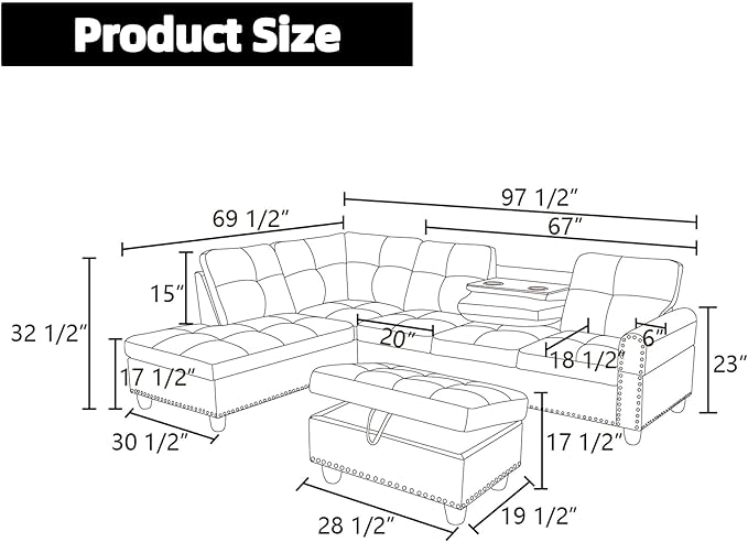 FONTOI Leather Sectional Couch Sofa 4-Seat L-Shaped Sectional Sofa with Cup Holders &amp Nail-Head Trim – Modern PU Leather Living Room Couch for Apartment Bedroom Ginger