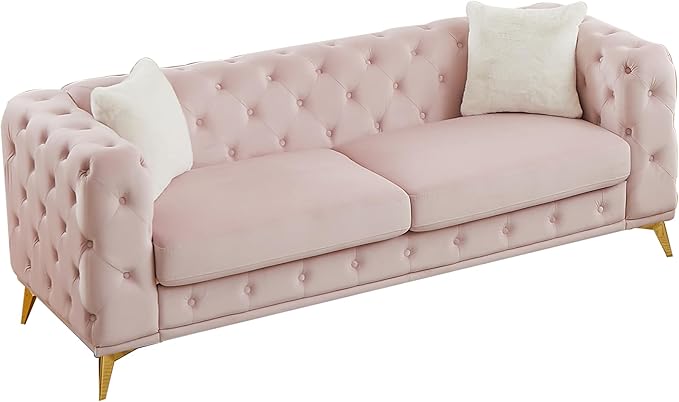 82.5'' Velvet Chesterfield Sofa Button Tufted Upholstered Sofa Couches with 2 Pillows Golden Metal Feets Removable Thick Cushions Comfy Chesterfield Couches for Living Room Apartment Pink