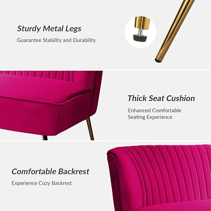 HULALA HOME Velvet Loveseat Sofa with Gold Legs Mid-Century Modern Upholstered Love seat Couch Tufted Small 2-Seat Sofa Armless for Living Room Bedroom Apartment Small Spaces Fuchsia