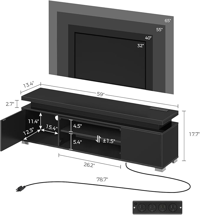 Rolanstar TV Stand with Power Outlet &amp LED Lights Modern Entertainment Center for 32/43/50/55/65 Inchs TVs TV Table Universal Gaming LED TV Media Stand with Large Storage Cabinet Black