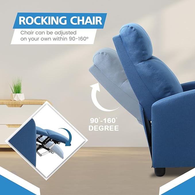 Recliner Chair for Adults Living Room Chairs Reading Chair with Fabric Padded Seat Backrest Modern Reclining Easy Lounge Bedroom Chair Recliner Chair for Bedroom (Blue)