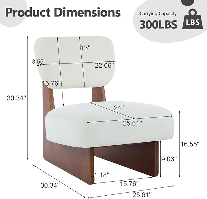 White Accent Chair Set of 2 for Small Spaces Armless Accent Chair for Bedroom Side Chairs &amp Comfy Chairs for Living Room Wood Base Comfy Cushion Bedroom Office (Walnut+White)