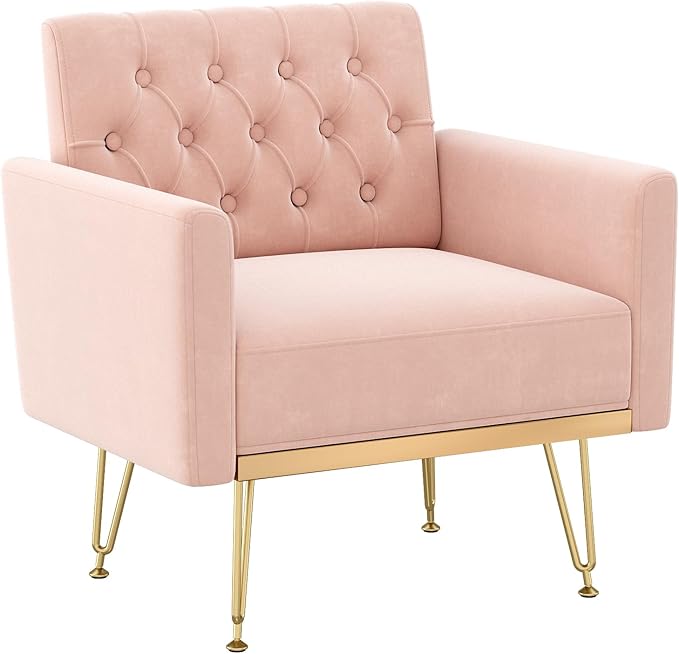 KEIKI Small Velvet Accent Chair 31 Inch Modern Tufted Upholstered Armchair with Metal Leg Comfortable Single Sofa Side Reading Chairs Comfy Arm Chair for Bedroom Living Room Easy Assembly Pink