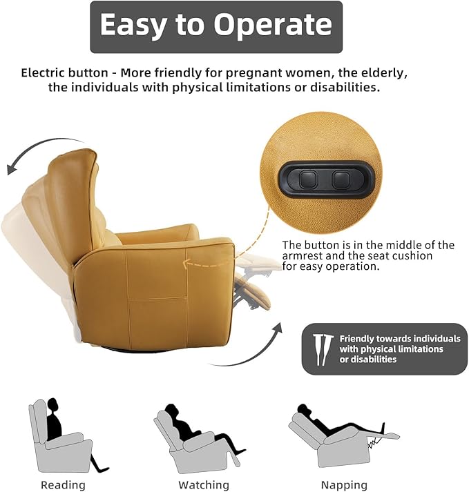 INZOY Power Swivel Rocker Recliner Glider Oversize Electric Swivel Rocker Recliners with Highly Enveloping Backrest Nursery Rocking Recliner Chair Leathaire Reclining Sofa for Living Room Yellow