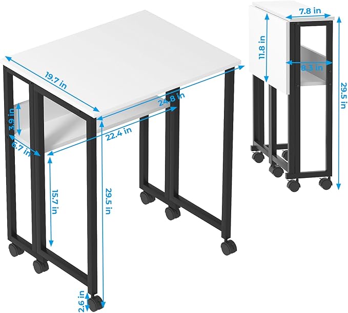 GreenForest Folding Desk Small Rolling Desk with Storage Shelf 24.8 inch Foldable Computer Desk with Wheels for Small Space Easy AssemblyWhite