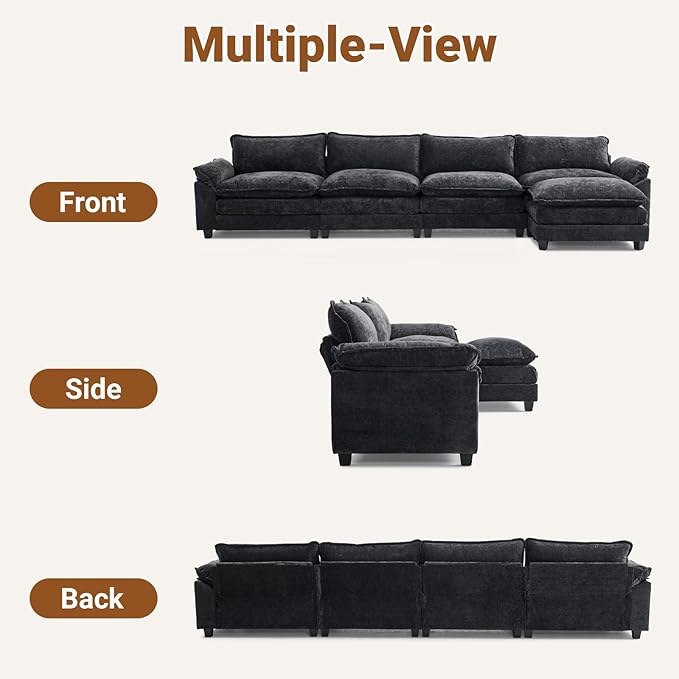 VINGLI 157 Cloud Black Convertible Sectional Sofa Comfy L-Shape Extra Deep Seat Sofa Couch for Living RoomModern Chenille 4-Seat Convertible Sofa with Movable Ottoman for Small Space